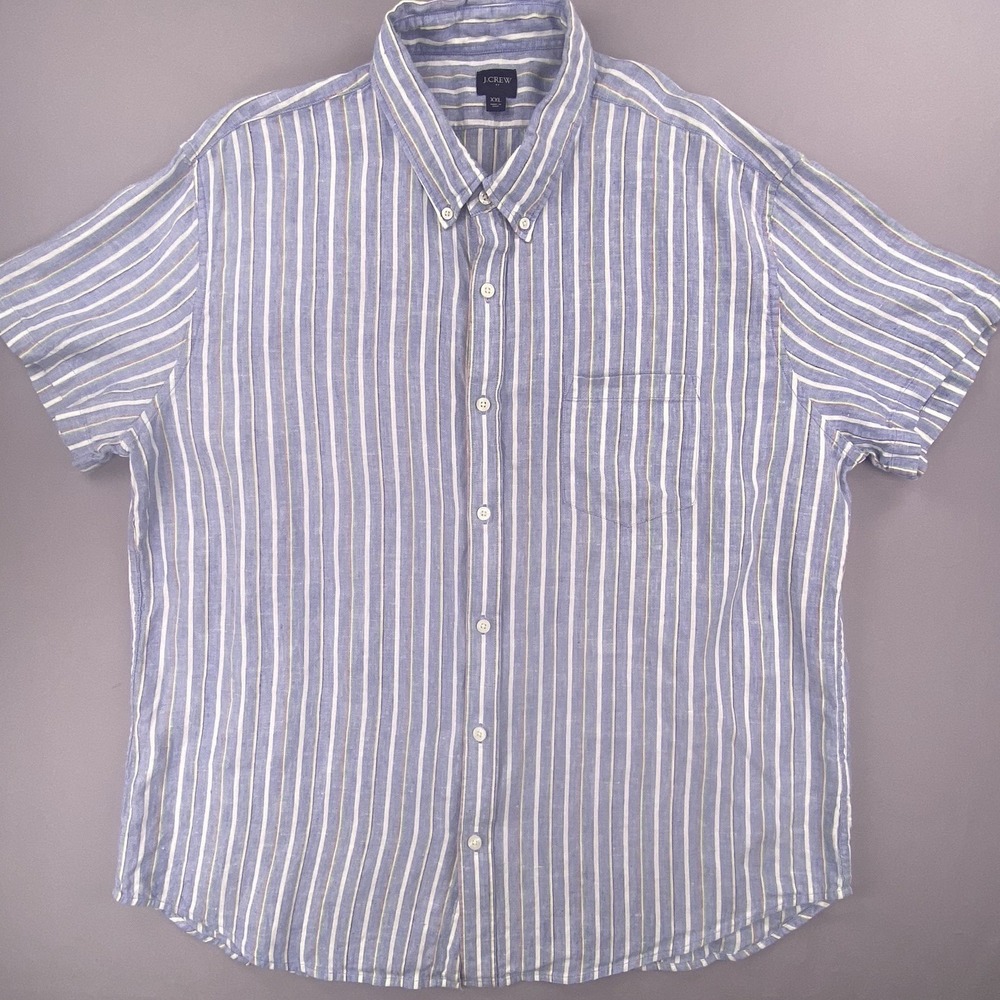 J. Crew Factory Mens XXL Short Sleeve Linen Blend Stripe Button Down Shirt